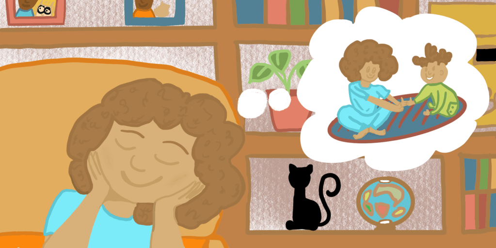 Illustration petite fille qui s‘imagine jouer avec un petit frère