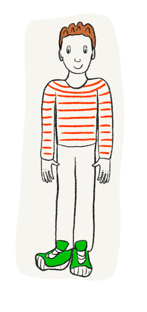 Monsieur Adulte se tenant droit et portant des vêtements confortables et son pull rayé orange.