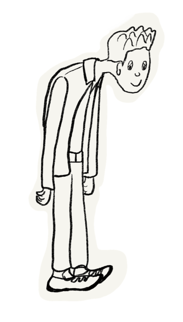 Monsieur adulté, voûté et fatigué, les bras ballants.