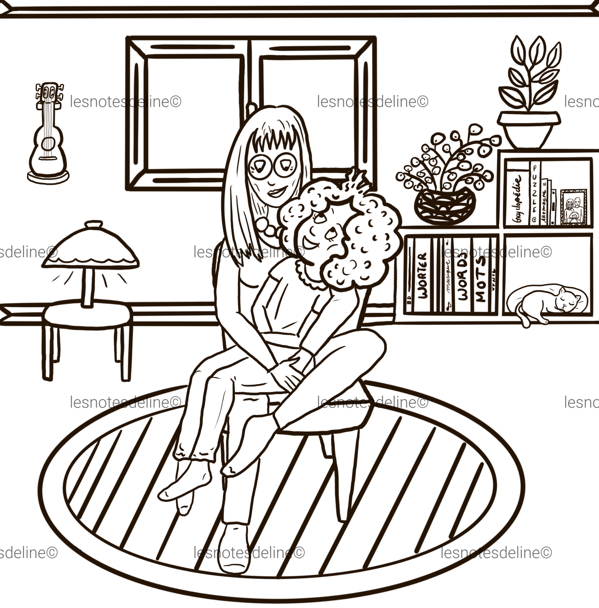 Line est assise sur les genoux de sa mère. Dans le fond il y a plusieurs petits détails. Le tout est en noir et blanc, prêt à être colorié !